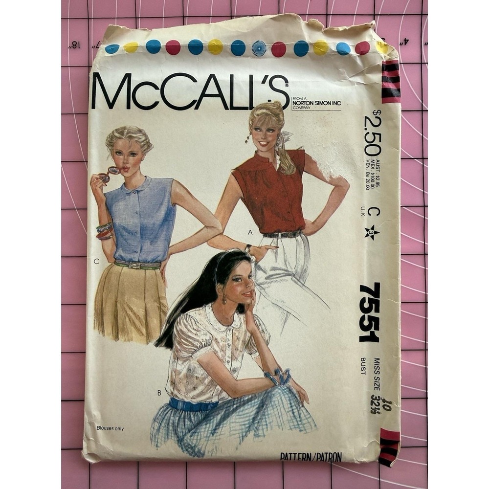 McCall's Pattern 7551 Misses' Front Button Blouse w Sleeve /Collar Options Sz 10